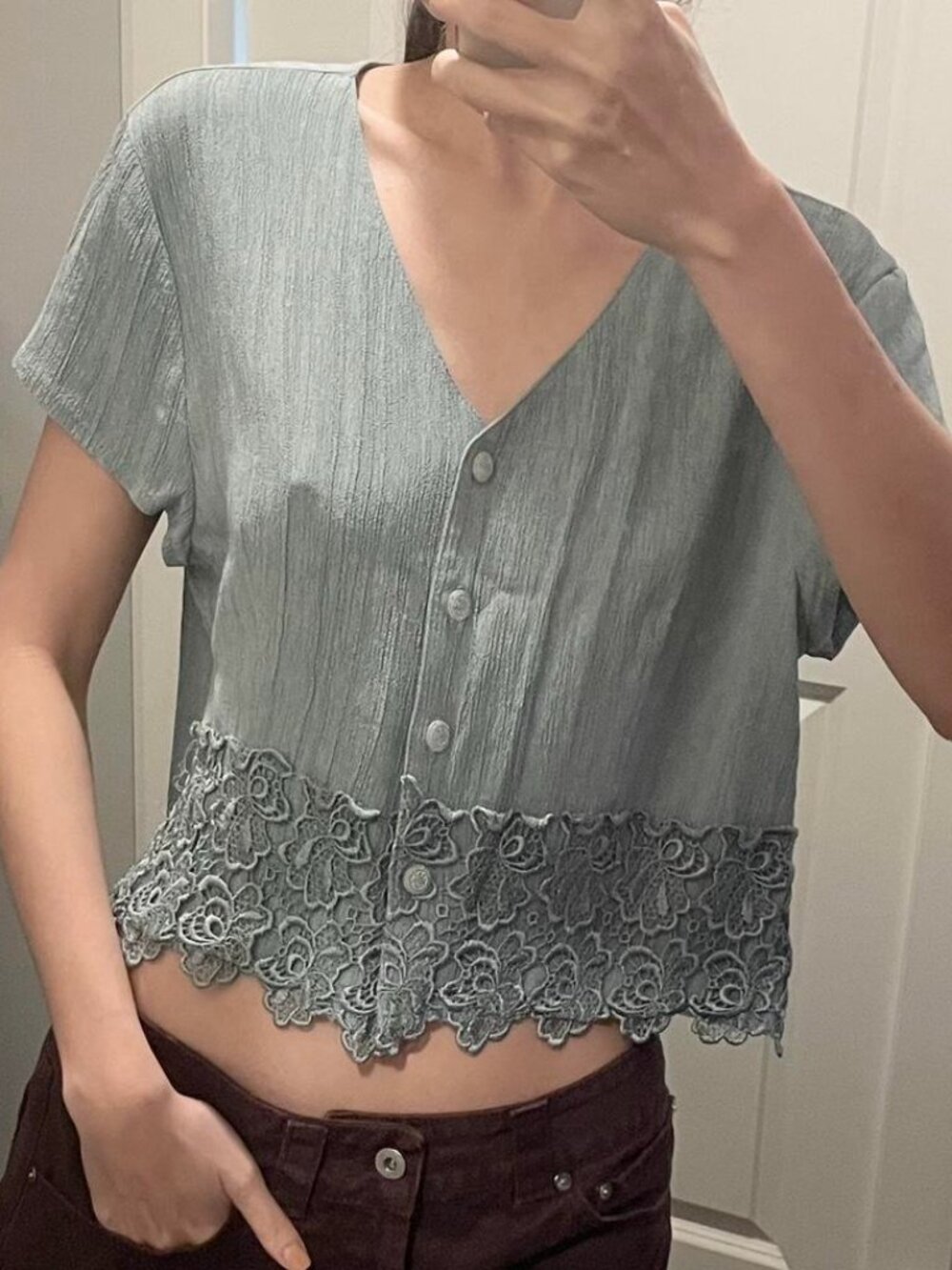 Tiffany blue lace button-up top with floral details. 90s floral lace short